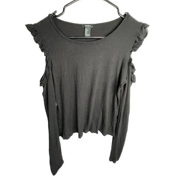 Forever 21 Black Long Sleeve Thermal T-Shirt With Open Shoulders - Picture 1 of 4